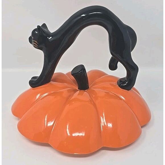 Neiman Marcus Exclusive Black Cat Black Bat Motif Halloween Pumpkin Cookie Jar - Picture 13 of 13